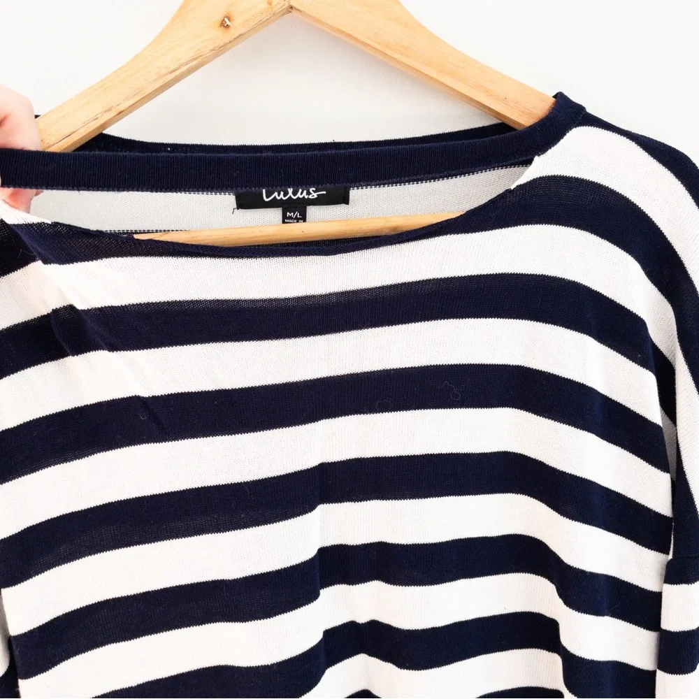 Lulu's Navy White Split Neck Flare Sleeve Stripe Crop Sweater Capsule Minimalist